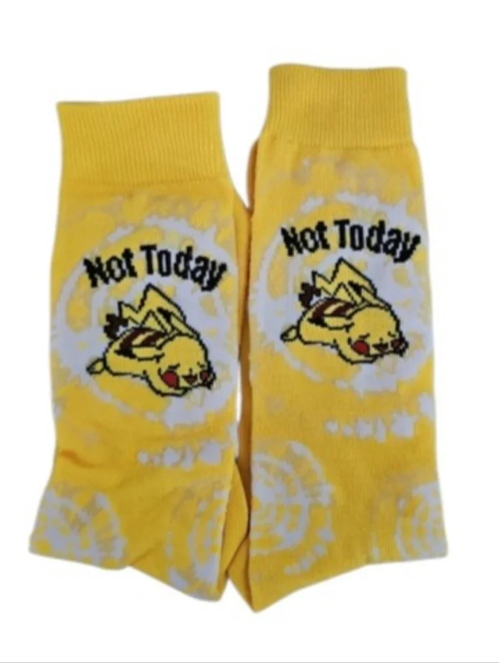 Pokemon Pikachu Not Today Crew Socks Yellow Tie Dye Novelty NWOT Animecore Gift